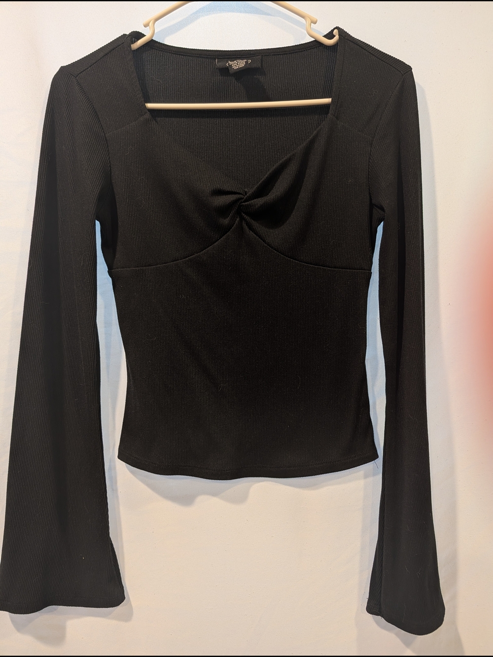 Square Neck Twist-Front Stretch Fitted Black Crop Top bell sleeves whimsygoth w